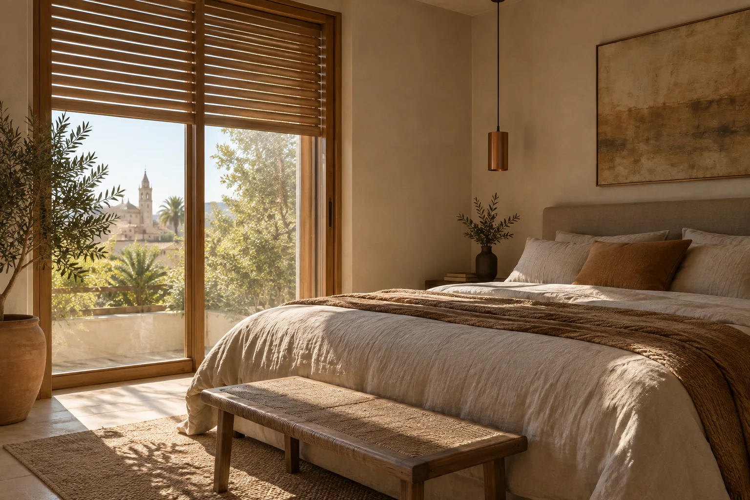 Dormitorio mediterráneo con persianas parcialmente abiertas y luz natural sobre la cama