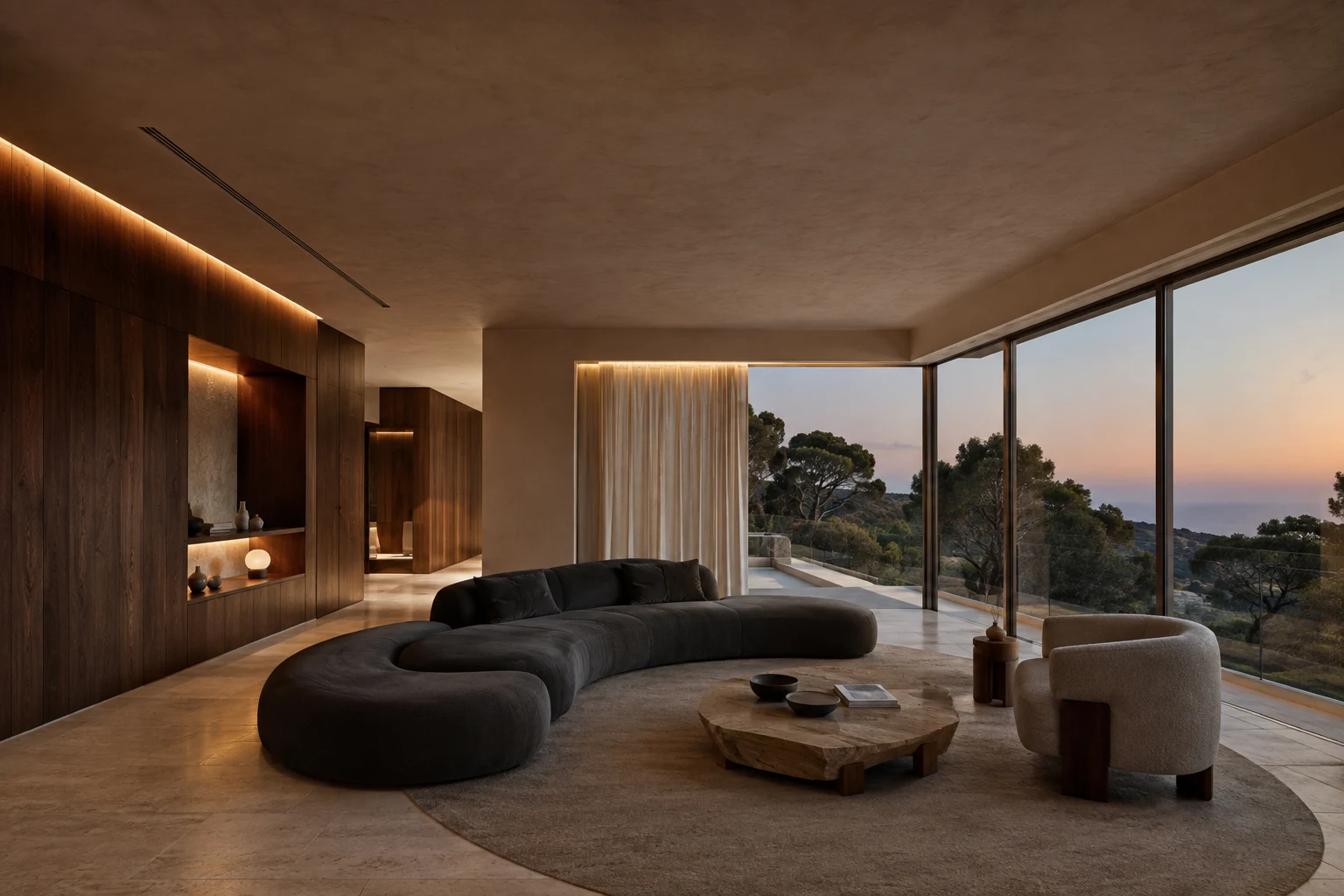 Concepto de salón mediterráneo con iluminación cálida integrada y grandes ventanales al atardecer